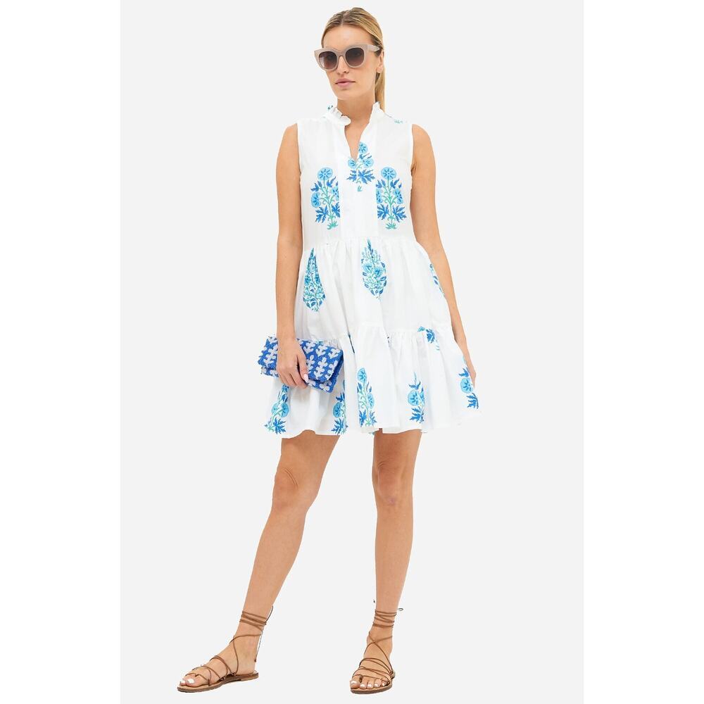 OLIPHANT Tuckernuck Sleeveless Yoke Mini Short Dress Blue Floral Block Print M